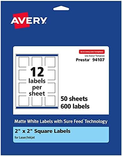 Avery® Matte White Square Labels, Sure Feed® Technology, 2" x 2", 600 Matte White Printable Labels