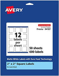 Avery® Matte White Square Labels, Sure Feed® Technology, 2" x 2", 600 Matte White Printable Labels