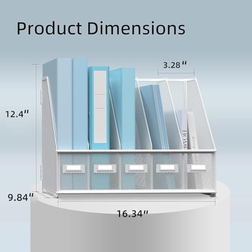 Desk Organizers Metal Desk Magazine File Holder with 5 Vertical Compartments Rack File Organizer for Office Desktop, Home Workspace, White (Pack of 2)