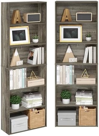 Furinno Jaya 6-Tier Book Shelf Set of 2, with Open Shelf, French Oak