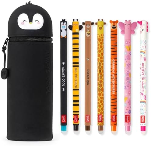 LEGAMI - Set of 7 Erasable Gel Pens + 2-in-1 Pencil Case Pen Pot - with Thermosensitive Erase Ink, Ink colours & barrel designs, 0.7mm Tip, Set 2 (Penguin)