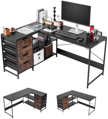 VEVOR L-Shaped Computer Desk, 59-inch Reversible Corner Gaming Desk with Drawers & Storage Shelves, Modern Stylish PC Table Sturdy Work Workstation for Home Office - Easy to Assembly