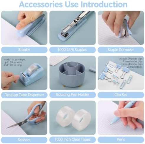 SKYDUE Blue Desk Accessories 11Pcs with Rotating Pen Holder for Desk
