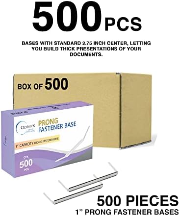 OLYMPX 500 Pcs of 1” Capacity Premium Metal Prong Paper Fastener Bases, 2.75 Inch Base for Paper File Clip Folder Accessories, Pack of 5 Boxes, 100 Bases per Box