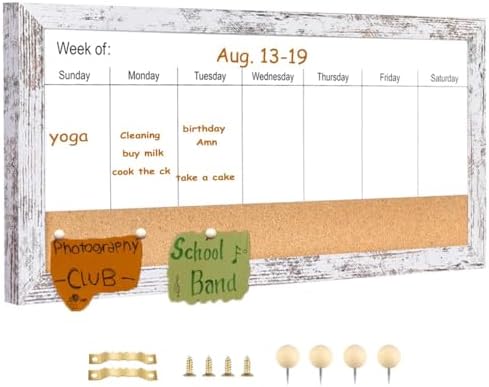 Magnetic Weekly Whiteboard and Cork Board, White Wood Frame, 16" x 8"