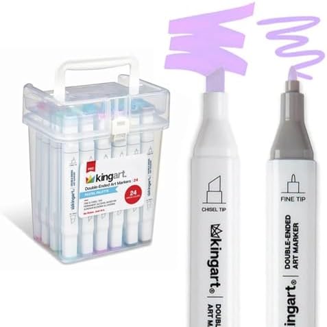 KINGART PRO Double-Ended Alcohol Ink Art Markers, 24 PASTEL Colors, Fine Point & Chisel Tips, Permanent with Superior Blendability, Includes Plastic Case, 24 Pc.