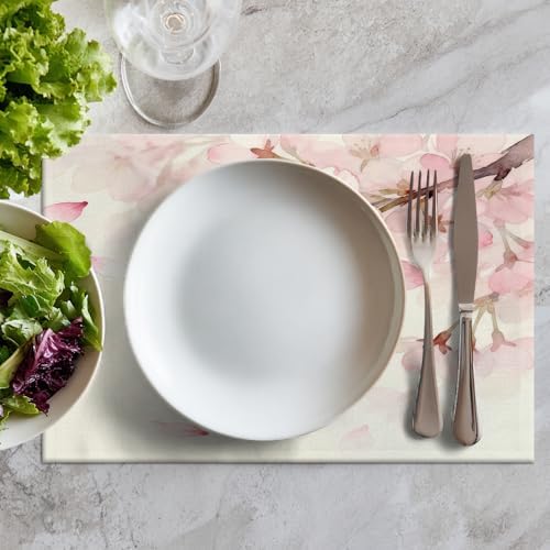 Batmerry Vintage Cherry Blossom Linen Placemats Set of 8, Delicate Watercolor Pink Flowers Washable Table Mats for Kitchen Table Thickened Heat Insulation Dining Set Indoor Outdoor 12X18 in