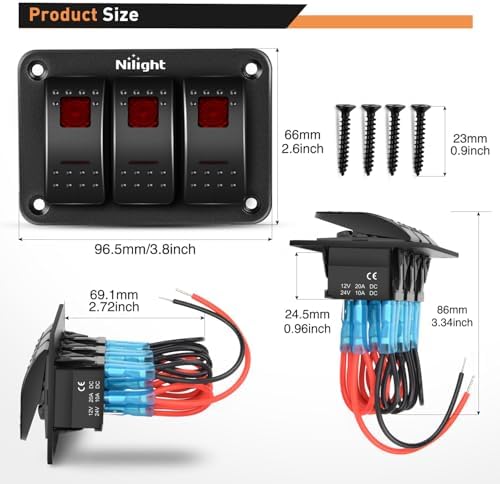 Nilight - 90019C 3 Gang Aluminum Rocker Switch Panel Toggle Dash 5 Pin ON/Off Pre-Wired Rocker Switch Red Backlit Switch for Automotive Car Marine Boat RV,2 Years Warranty