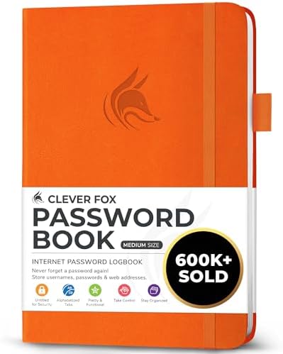 Clever Fox Password Book with Alphabetical Tabs, 5.3"x7.7" Keeper Orange