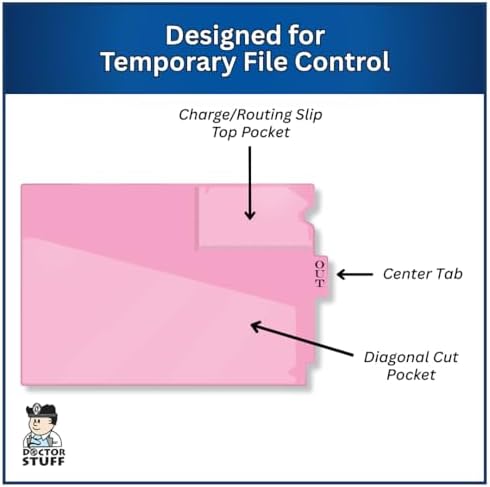 Doctor Stuff - Center Tab Vinyl Outguides, Diagonal Cut Front Pocket, Top Charge Out Slip Pocket, Plastic File Folder, Letter Size 9" x 13-1/4", Pink, 50/Box