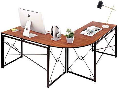 VECELO 59" L Shaped Computer Desk, Corner Computer Desk, Sturdy Home Office Computer Table for Small Space, Writing Desk, Larger Gaming Desk Workstation, Brown