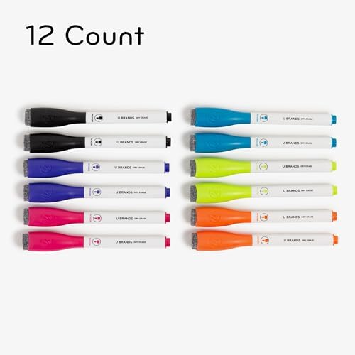 U Brands Fine Tip Dry Erase Markers with Eraser, Low Odor Whiteboard Markers Fine Tip, Assorted Bright Colors, Set of 16