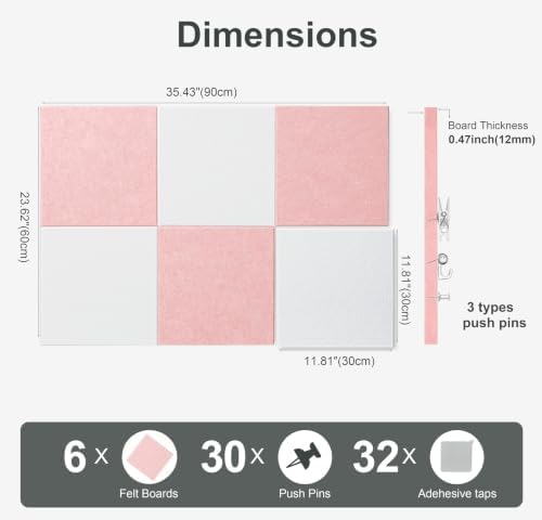 0.47" Thick Felt Pin Board 36"x24" Large Cork Board Alternative 6 Pack 11.81"x11.81"Felt Bulletin Board Wall Tiles Notice Board with 30 Pushpins for Home Office School(Coral Pink&White)