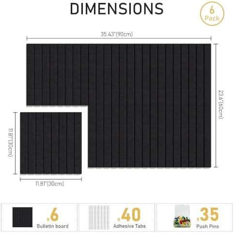 Felt Bulletin Board 36"x24" - Cork Board Alternative, 6-Pack Felt Wall Tiles with 40 Adhesive Tabs & 35 Pushpins, Pin Board for Classroom Home Office, Black