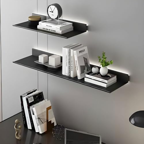 Modern Metal Bookcase Wall Mounted Floating Bookshelf Aluminum Alloy Storage Shelf, Display L-shaped Bookshelf Wall-mounted Rack (Without Lights) Partition Shelf Black 23.6"L x 9.1"W x 2.9"H