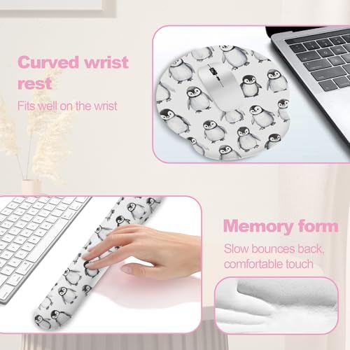 Funny Cute Penguin Mouse Pad with Wrist Rest Set, 3-in-1 Wrist Support Mousepad Set, Gaming Mat Pad with Anti-Skid Base,Ergonomic Memory Foam Mouse Pad Set for Women, Office, Typing, Gaming