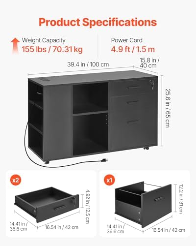 VEVOR 3 Drawer Wooden File Cabinet, Mobile Filing Cabinet with Power Strip, Lockable Rolling File Storage with Adjustable Shelves & 5 Wheels, Floor Standing Printer Stand for Home Office School, Black
