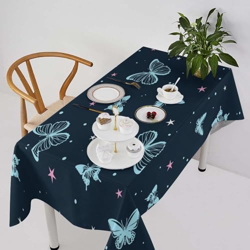 Blue Butterfly Tablecloth, Cartoon Colorful Butterfly Pink Starry Sky Star Print Tablecloth for Camping Indoor Outdoor Decor 60x90in