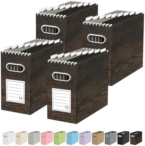 Oterri Portable Collapsible Cardboard File Box with Handle for Letter-Size | 4-Pack. Stainless Steel Handle. Label Stickers Included. Fits Letter Folders (Not Included). Home, Office, School, Dorm, Tax.