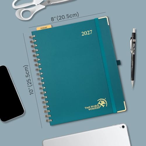 POPRUN 2027 Planner Daily Weekly and Monthly Calendar with Hourly Schedule, Monthly Tabs(Large Size 10'' x 8'' Wire-Bound Hard Cover) - Agenda 2027 (Jan.2027-Dec.2027) - Light Pink