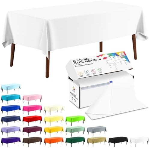 CXPSINC 54 Inch X 300 Feet Plastic Table Cover Roll Disposable Tablecloth with Slide Cutter for All Type/Shape Tables | Party, Banquet, Birthdays, Weddings(White, 300 Feet)