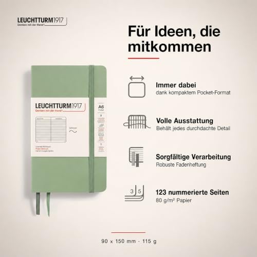 LEUCHTTURM1917 - Notebook Softcover Pocket A6-123 Numbered Pages for Writing and Journaling (Ruled, Sage)