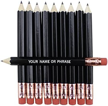 EZPENCILS & GIFTS - Golf Pencils Tipped with Eraser (1/2 a Pencil - Pew Pencils) - Black Colored Barrel - FREE-PERSONALIZATION - 2HB Black Lead - Custom Text - Non-Smear Eraser – Package of 90