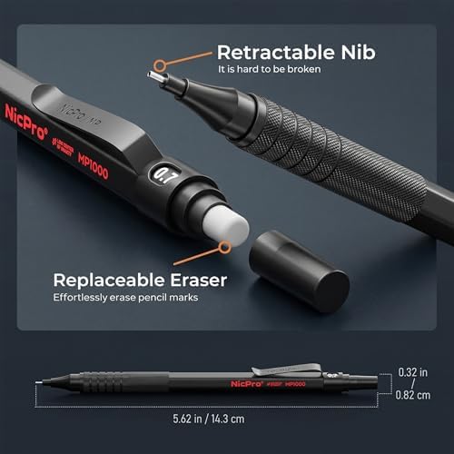 Nicpro Mechanical Pencils 0.7mm in Case, 3 Pack Metal Pencils Set, Black