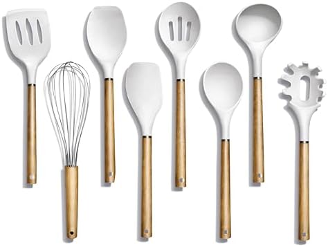 Country Kitchen Non Stick Silicone Utensil Set with Rounded Wood Handles for Cooking and Baking, 8 Piece Set, White