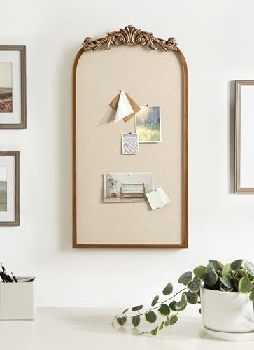 Kate and Laurel Arendahl Arch Pinboard; Gold; 13 x 25; Framed Arched Ornate Vintage Cork Board for Unique Display; Organization; and Decor Options