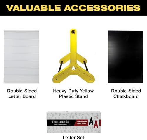 Swinging Changeable Message Sidewalk Sign 24″ x 36″ – Outdoor Advertising Sign Board with 792 Pre-Cut Double-Sided Letters & Storage Box – Heavy-Duty, Rust-Resistant Sidewalk Display for Businesses & Events (Yellow Legs)
