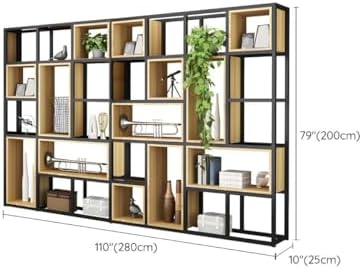 Wood Industrial Cube Bookcase with Shelves & Open Back Iron Bookshelf Floor Steel & Wood Shelf Multi-Layer Shelf Storage Rack Office Partition Display Rack Natural 110.2" L x 9.8" W x 78.7" H