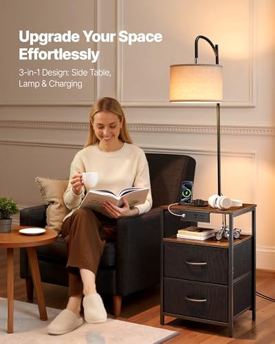VEVOR Floor Lamp with Table & Charging Station, End Table with Lamp, 2 Drawers, USB, Type-C & AC Outlets, 3 Color Temperatures, Bedside Nightstand for Small Bedroom, Living Room, Dorm