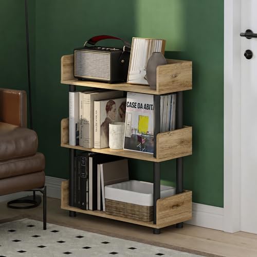 Furinno Turn-N-Tube 3-Tier Oak Storage Shelves with Side Panels, Book Shelf, Display Shelf, for Organization and Storage, Living Room, Home Office, Brown Oak