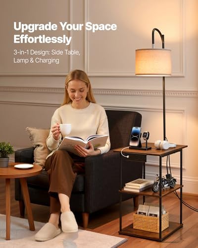 VEVOR Floor Lamp with Table, Narrow 3-Tier End Table with Open Shelves & 3 Color Temperature Lighting, Side Nightstand Bedside Desk with USB & Type C & AC Charging Port for Living Room, Bedroom, Dorm