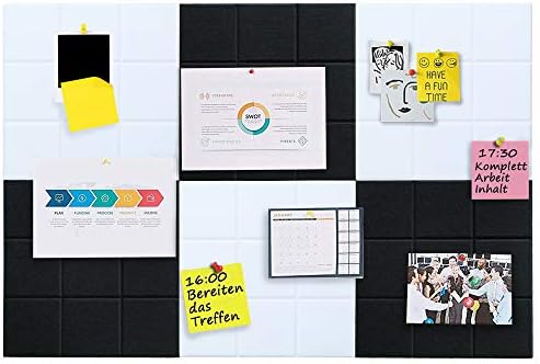 Large Felt Board Tiles for Wall with 30 Push Pins, 11.8"x11.8" Pack of 6 Pin Board Notice Boards for Home Office Kitchen, Bulletin Board Wall Tiles for Photos Memos (Black+White, 6 Pack)