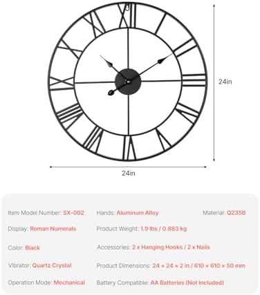 VEVOR Large Wall Clock, 24 in Wall Clock Roman Numerals, Battery Operated Non Ticking Classic Decorative Round Clocks, for Living Room Bedroom Office Kitchen Dining Room Home Decor