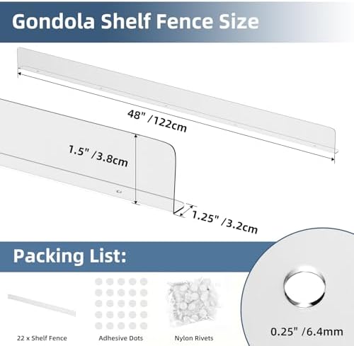 Nalwort 22 Pcs Retail Gondola Shelving Front Fence, Clear PET Shelf Fence with 1/4" Holes and Screws, Front Lips Barrier for Retail Store Display Rack, 1.5" H x 48" L