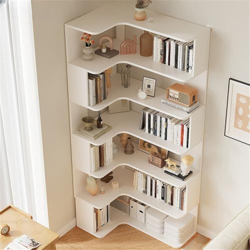 Vertical Lumber Wall Corner with 6 Shelves/5 Shelves & Closed Back Bookshelf Rack Floor Student Corner Cabinet Wall Multi-Layer Storage Cabinet Bookcase White 24" L x 35" W x 75" H