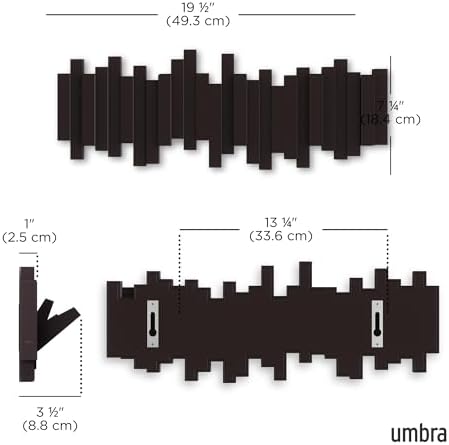 Umbra Sticks Wall Mount Coat Rack, 5 Hook Retractable Pegs, Espresso