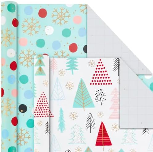 Hallmark Holiday Wrapping Paper Bundle with Cut Lines on Reverse, Quirky Christmas (Pack of 4, 120 sq. ft. ttl) Yeti, Santa, Penguin, Snowflakes, Blue, Gold