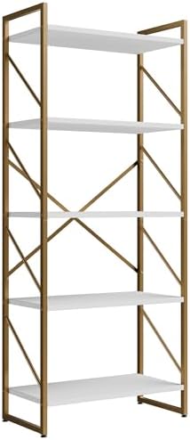 Shintenchi 5 Tiers Bookshelf, Classically Tall Bookcase Shelf,Industrial Book Rack,Modern Book Holder in Bedroom/Living Room/Home/Office, Storage Rack Shelves for Books/Movies,Gold