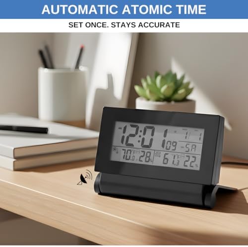 Digital Clock with Atomic RCC Time and Alarm | Indoor Temperature and Humidity Display | Wireless Sensor, Battery Operated with Blue Backlight for Bedroom or Desk