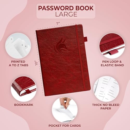 Clever Fox Password Book with Alphabetical Tabs, 7"x10" Keeper Wine Red