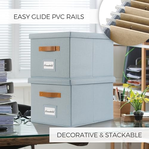 Decorative File Organizer Box Set of 2 - Collapsible Linen Filing Cabinets | Stores Documents and Hanging File Folders - Portable Office Crates with Lid and Handles for Easy Slide Access
