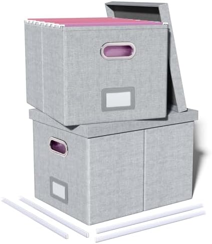 Oterri 2 Pack File Storage Organizer, Filing Box, Portable File Box with Lid, Fit for Letter/Legal File Folder Storage, Document Organizer, Gray-White