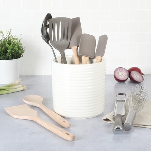 Martha Stewart 10 Piece Tools and Gadget Set W/Ceramic Crock - Linen White w/Grey Tools