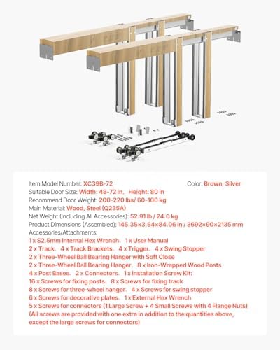 VEVOR Pocket Door Frame Kit, for 48-72 in Wide 80 in High Door, Pocket Door Kit with Two-Way Soft Close Mechanism, Slide Smoothly Quietly, Easy to Install, Wood and Galvanized Steel, for Living Room