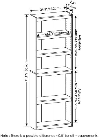 Furinno JAYA Book Shelf, 5-Tier Bookshelf, Enhanced Home Bookcase with Adjustable shelf, 9.5 x 24.5 x 71.1, for Organization and Storage, for Living Room, Bedroom, Home Office, Amber Pine