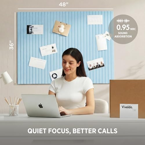 VIVELDA Felt Bulletin Board Tiles 48"x36" - 12-Pack Cork Board Alternative, OEKO-TEX Certified, NRC 0.95 Acoustic Wall Panels, Damage-Free Adhesive, Slatted Design, Home Office & Classroom (Baby Blue)
